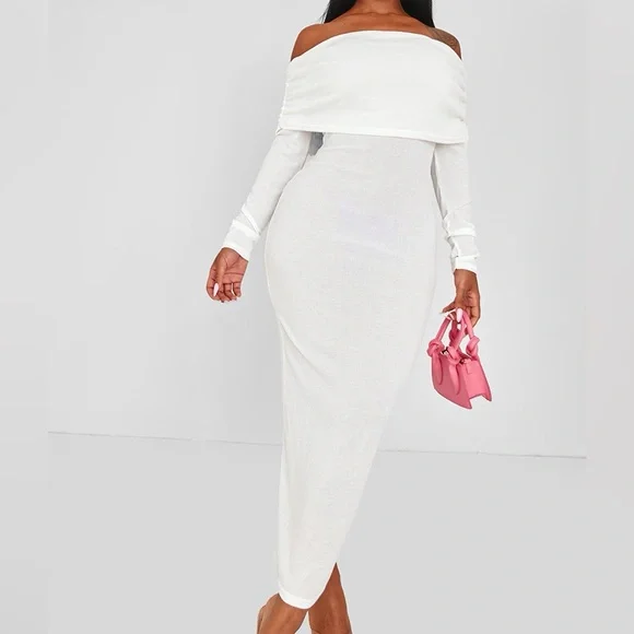 chinese dress ladies Ethel White & Cream Bardot Maxi Dress With Volume Skirt – Club L London
